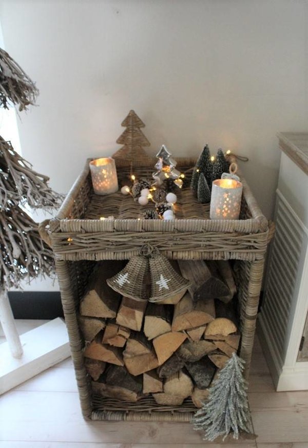 Kaminholzregal Bestelltisch Fire Wood mit Tablett aus Rattan Koboo grey